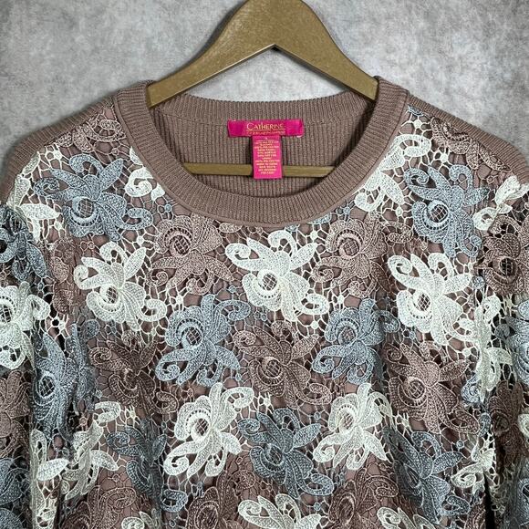 Catherine Malandrino Sweater Womens Small Brown Floral Lace Knit Crew Neck - Picture 2 of 8